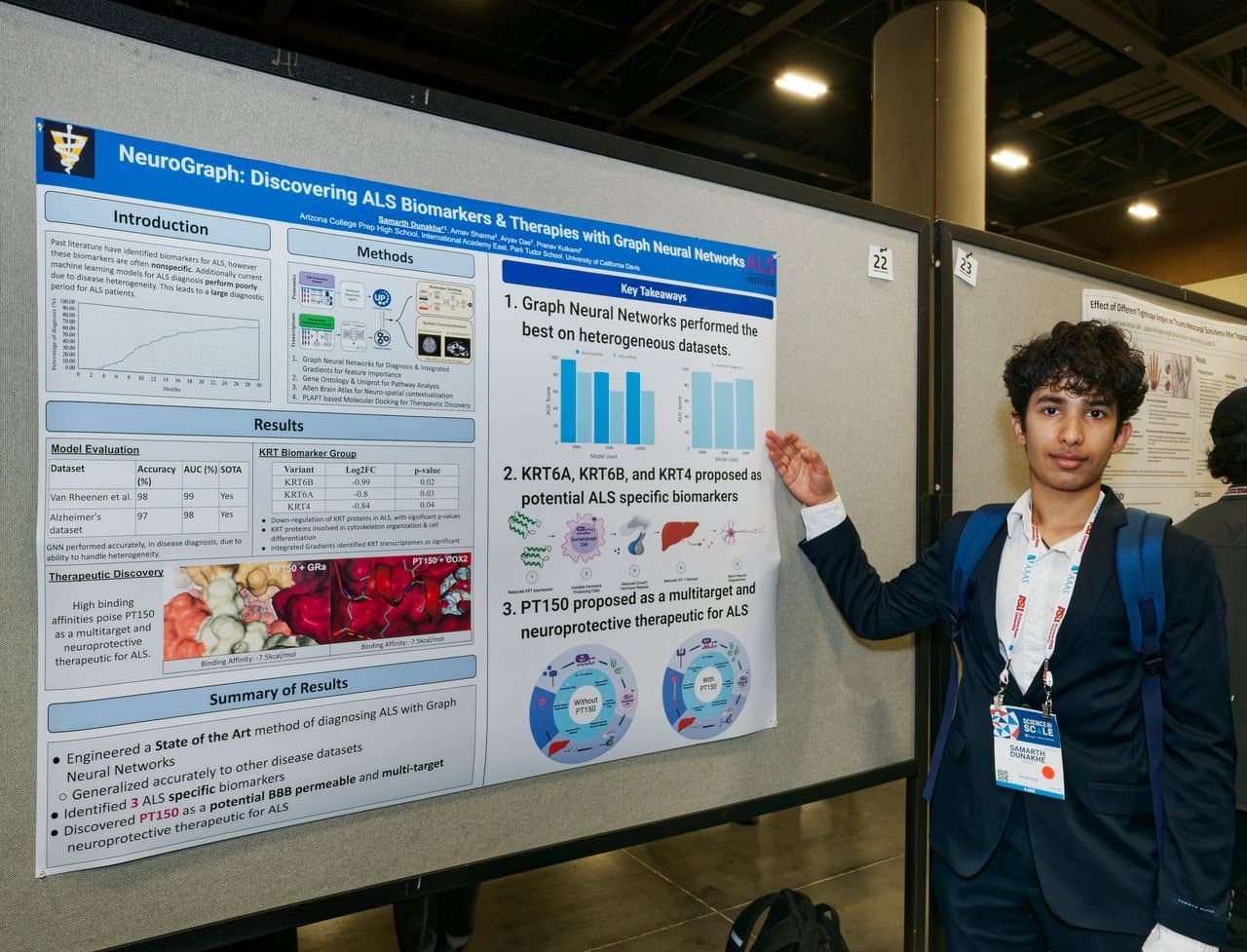 Samarth Dunakhe standing beside the NeuroGraph research poster on ALS biomarkers at the American Junior Academy of Science meeting